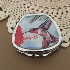 Pill Box Decorative Case Travel Vitamin Med Mint Holder Hummingbird Floral Metal