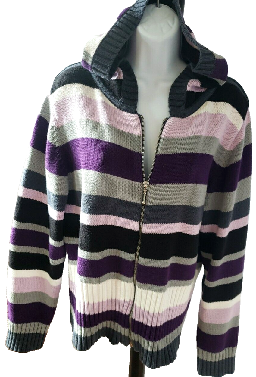 VTG 90s Hooded Zip-Up Multi Striped Purple Pink Black Cotton Sweater Women XL