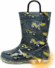 Light Up Kids Construction Vehicle Print Waterproof Rain Boots Pull-On Size 6