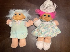 Two (2) Vintage Russ Troll Kidz 12" Dolls with Pink Hair Blue Hair