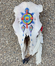 Hand Painted Cow Skull Vtg Southwestern  Native Turtle Art Feathers Wall Decor