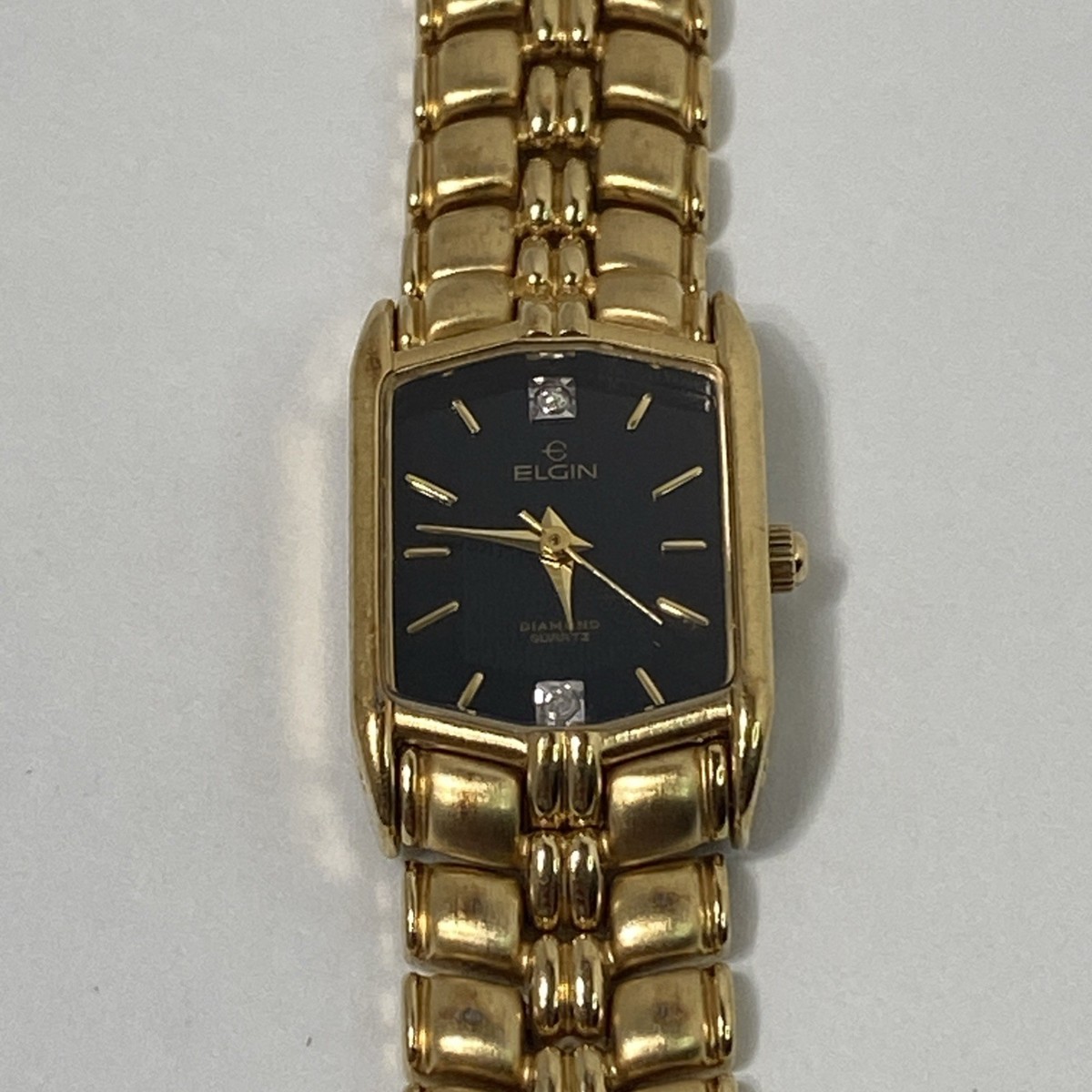 VTG ELGIN EM892 Diamond Quartz Gold Tone Black Face Watch Untested