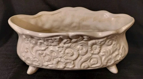 Vintage Hull Pottery Planter Matte Ivory Embossed Flowers Oblong Footed B34