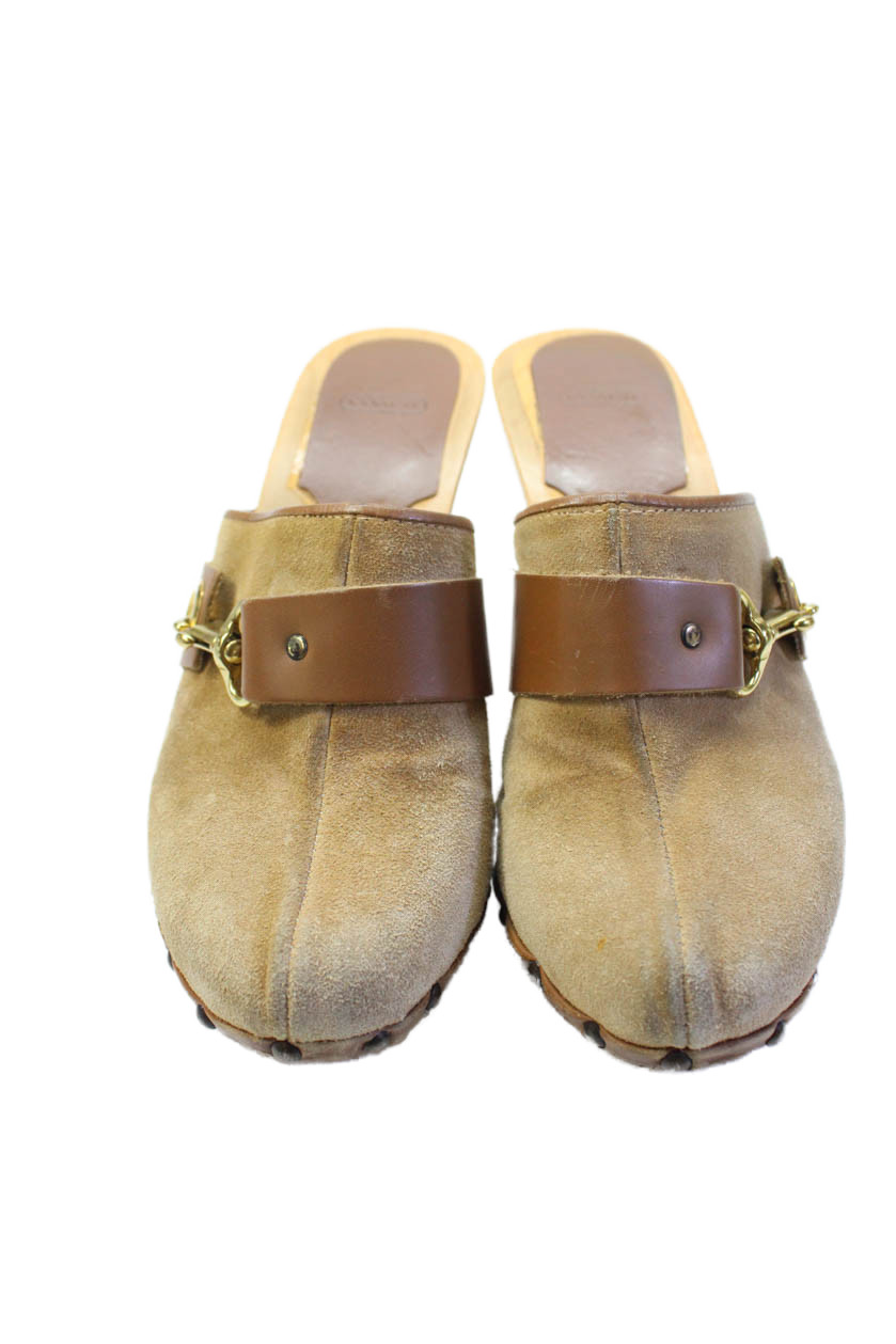 Coach Women's Suede Leather Studs Wood Heel Mules Sandals Beige Size 6 thumbnail 2