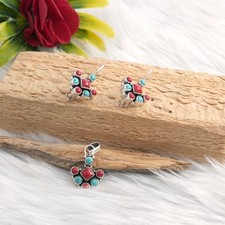 Sterling Silver Natural Coral Turquoise Jewelry Set Pendant  Earrings Handmade