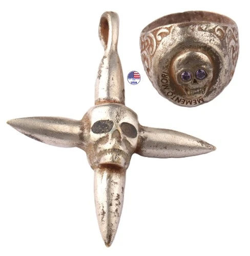 Memento mori military set WW2 Bullet badge WWII Skull ring WW1 Army WWI Silver-p