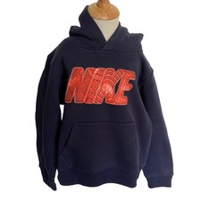 Nike Boys Hoodie Size 7 Navy Blue Orange Logo Kangaroo Pocket Sweatshirt