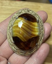 Large Vintage SPHINX Brooch Gold Tone Banded Agate Glass Cabochon Statement Pin