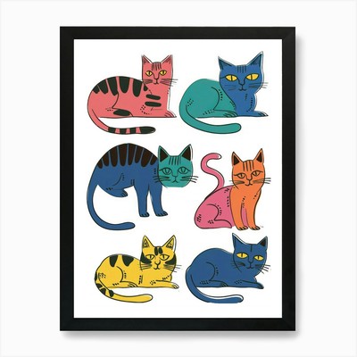 Bunte Katzen Illustration Poster Gerahmt Wandbild Poster Leinwanddruck Bild