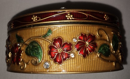 Enameled Metal Round Trinket Box Hummingbird Flowers Velvet Lined Mirror Inside - Bild 3 von 9