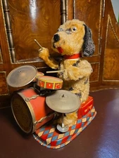 Vintage  Alps Japan Battery Operated Dog Drummer Toy 9" Tall WORKING w Batteries