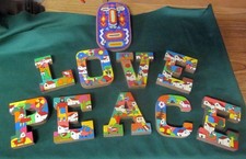 Vintage Colorful Wooden Alphabet Letters Childs Wall Decor. LOVE PEACE Cute Mask