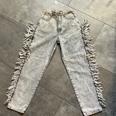 Vintage 80-90's Wooz Wear Acid Wash High Waist Fringe Jeans Leather Patch 11/12