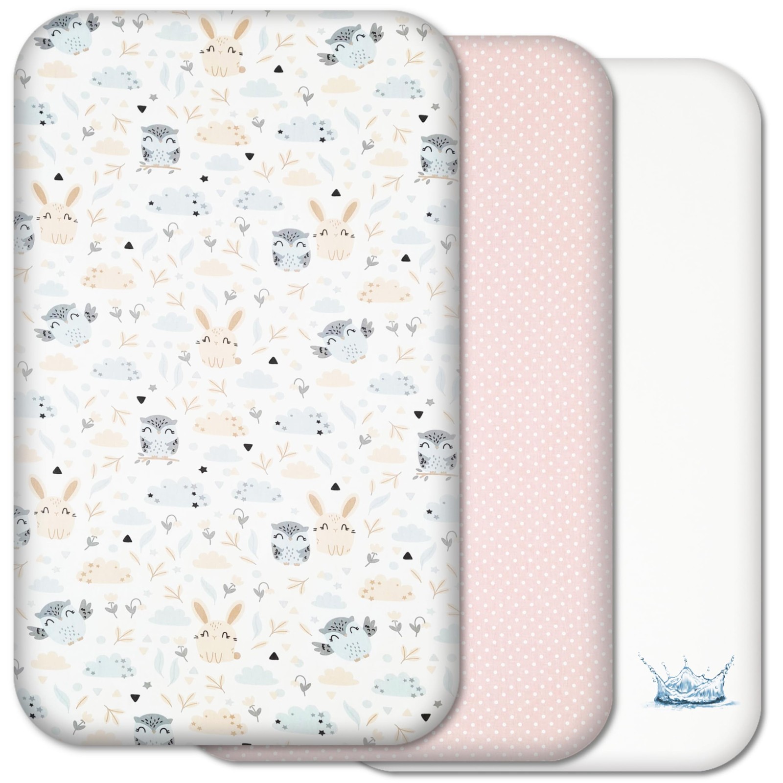 Next to Me Crib Sheets - 3pc Crib Fitted Sheet Set - 2 Fitted Cotton Sheets and 1 Waterproof Mattress Protector for Bedside Cribs - 100% Organic Cotton - Made in Europe (Cute Animals&Dots, 83x50cm) - Image 2