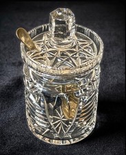 Vintage Cut Glass Lidded Jam Preserve Condiment Pot with Silver Plate Spoon