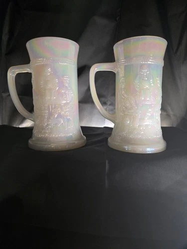 2 Vintage Federal Milk Glass Moonglow Opalescent Iridescent Beer Steins Mug