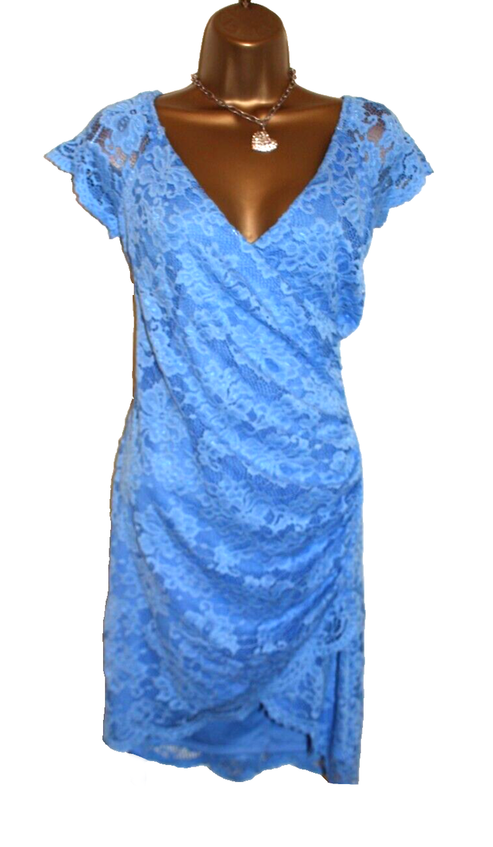 Lipsy Jessica Wright Blue Lace Wrap Bodycon Dress 12 Occasion Party Wedding