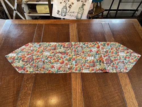 Ernte Tischläufer 42 "L X 11,5"B Handarbeit Herbst Bäume Dorf Gemischtwarenladen