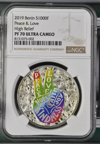 2019  1000 Francs Benin Peace & Love 1 oz. .999 Silver Coin NGC PF70 COA+Box