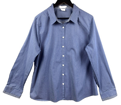 VAN HEUSEN Button Up Shirt Women's Sz Extra Extra Large Slim Blue Stripe Stretch