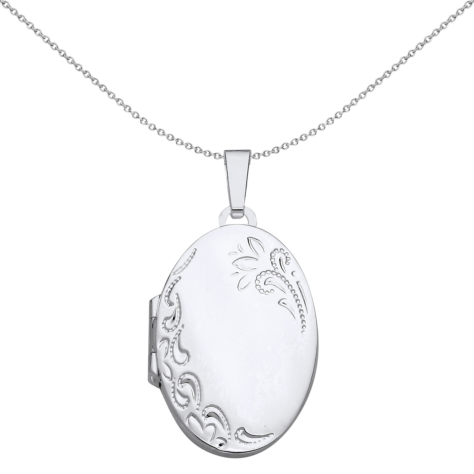 925 Silver Jewelco London Engraved Floral Filigree Oval Locket Pendant Necklace