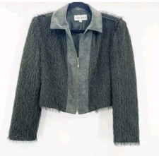 Vintage nancy Bolen Furry Jacket Women's Size Xs Forest Green Zip Up Cropped