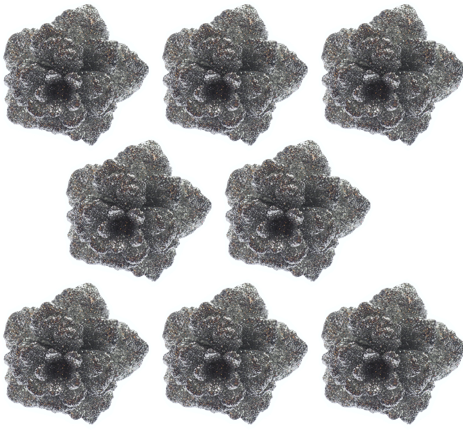 Clip On Christmas Rose Baubles Tree Decorations - Silver Glitter - Set of 8