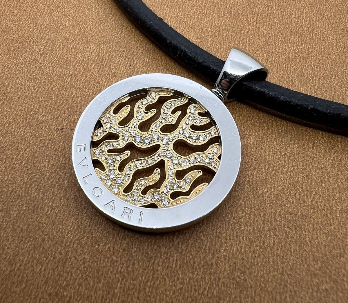 BVLGARI TONDO FIRE PAVE DIAMONDS PENDANT 18K GOLD & STEEL NECLACE