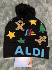 Aldi Gear 2024 Beanie Stocking Cap Black -Stars-Gingerbread-Trees-One Sz NWT 