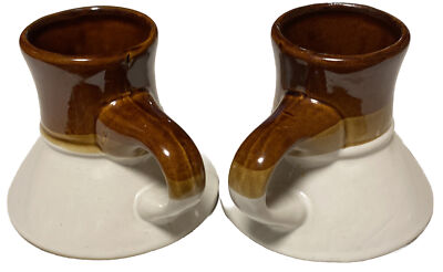 Two Ceramic Volcano Spill proof Pottery Mugs. 3 Tone Stoneware Brown Tan Cream