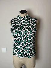 St John Knit Top Medium Green Geometric Sleeveless Mock Neck NWT