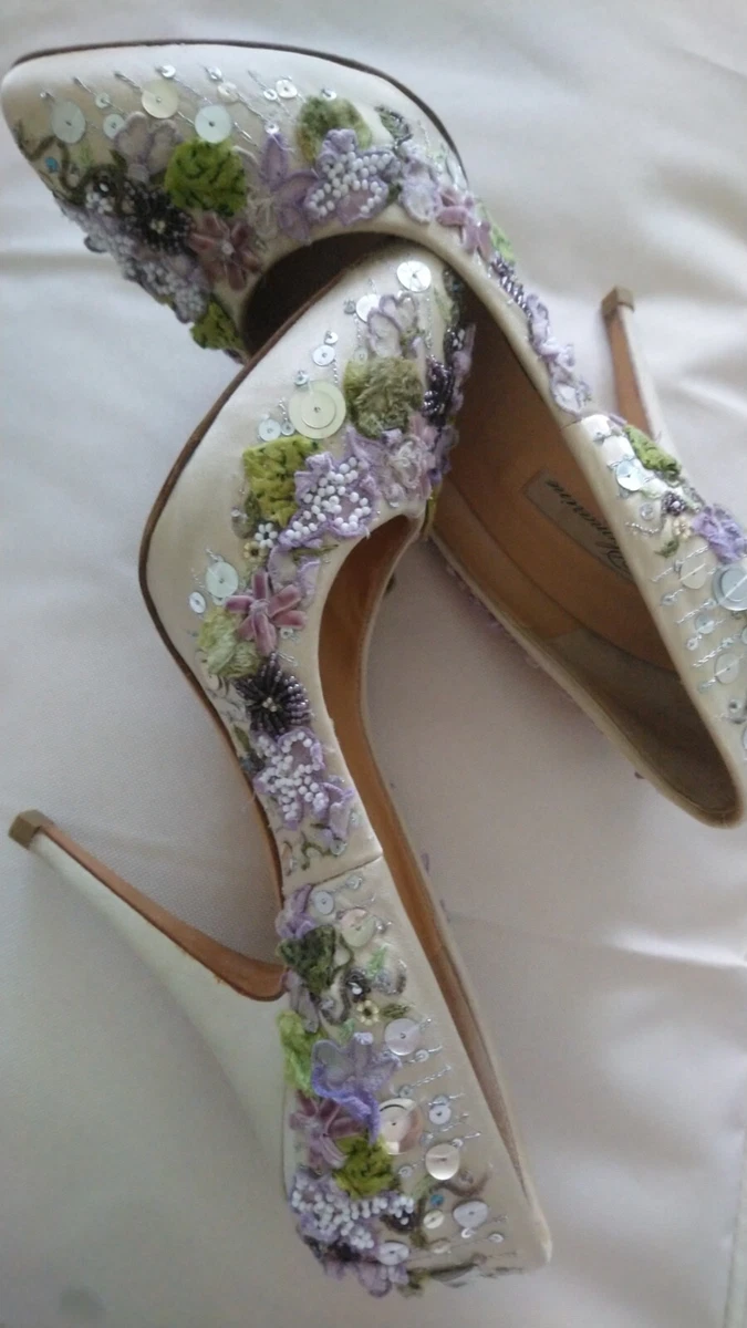 BLUMARINE Silk Stilettos Cream Green Lilac floral embroidery Italian 39