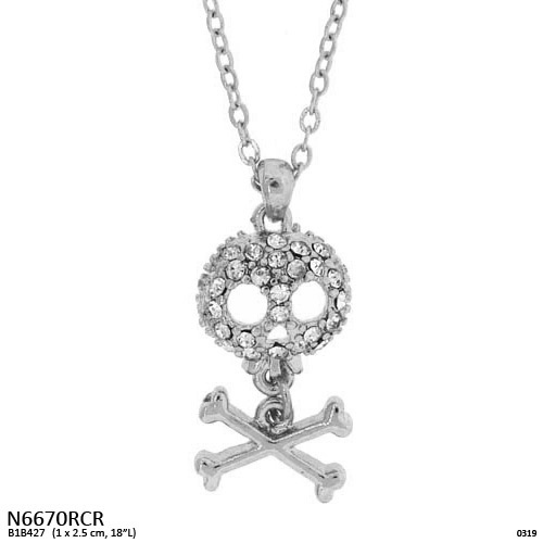 18" Adjustable Silver Tone Clear Rhinestone Skull & Bones Charm Necklace - Picture 1 of 1
