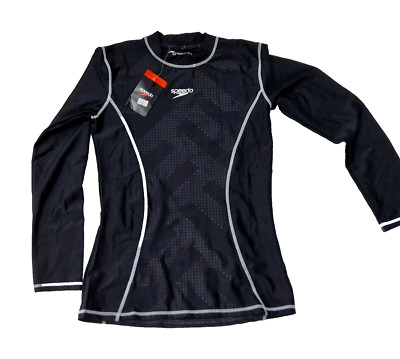 SPEEDO Damen Schwimmen Langarm T-Shirt Schwarz Rash Guard Rundhals UK M Q