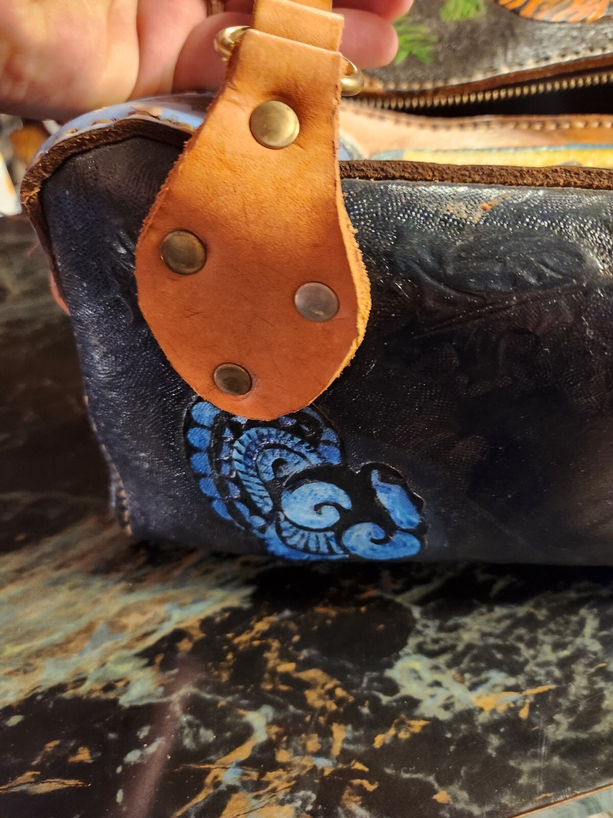 Boho Leather Native American Painted Tooled Leath… - image 6