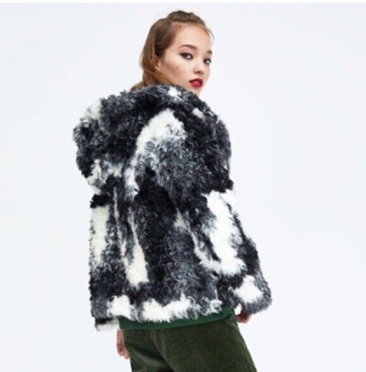 Zara trf Outerwear Women's Large Faux Fur Coat Hooded Black And
