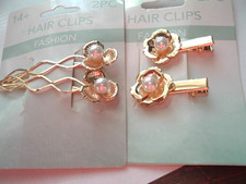 4 White Pearl Golden Floral Hair Clips NWT