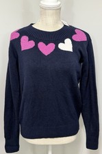 New LOFT Navy Blue Pink White Heart Trim Crewneck Sweater Size XS Cotton Blend