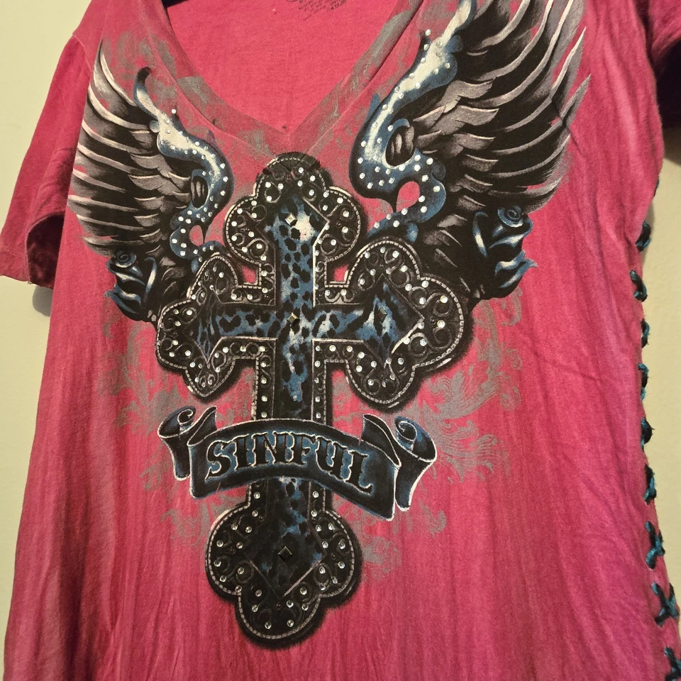 Camiseta De Colección Años 90 Y2K Affliction Bling Wings Con Cordones Mujeres LG Roja Grunge Gótico Motociclista Foto 4 de 4