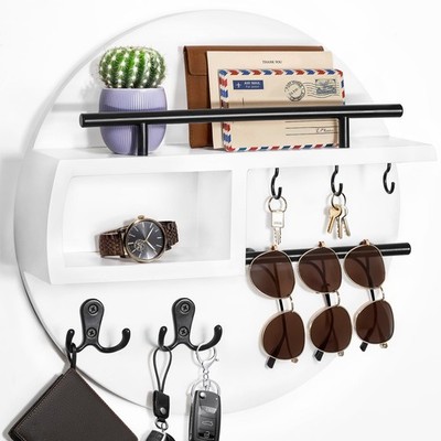 Key Holder Wall Mount, Round Wooden Key Rack with Shelf, Sunglasses Hanger, S...