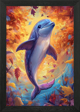 Dolphin in Autumn Leaves Framed Wall Art Poster Canvas Print Picture