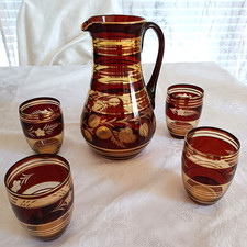 Vintage 1960s Hand Cut 5 Piece Set Pitcher and Glasses Made in Poland Brown Gold