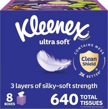Kleenex Ultra Soft Facial Tissues, 8 Cube Boxes, 80 Tissues per Box, 3-Ply, Pack