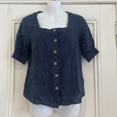 Marineblaue Kurzarm-Bluse mit Knopfleiste aus 100 % Leinen von M&S   eckiger Ausschnitt   UK 8