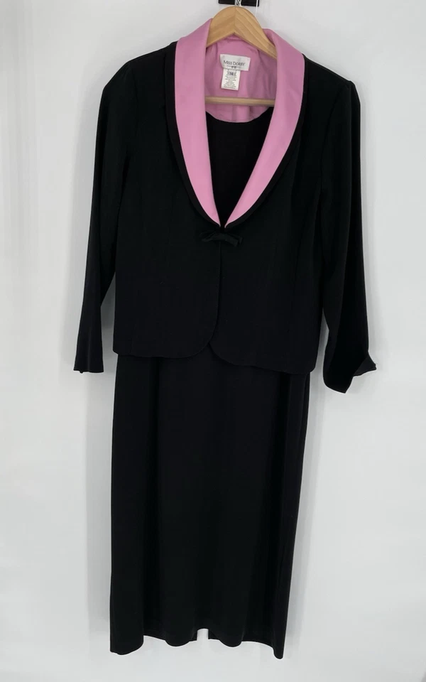 Miss Dorby Womens Size 14 Two Piece Dress and Jacket Suit Pink and Black Classic - Image 3 of 4