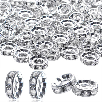 100Pcs Large Silver Rhinestone Spacer Beads For Jewelry Making Crafts