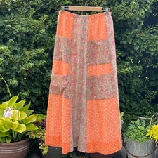 True Vtg Chessa Davis Boho Orange Mixed Print Maxi Pocket Skirt Elastic Waist -L