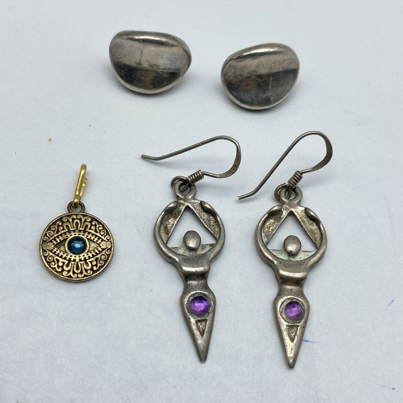 Sterling Silver 925 Goddess Amethyst Earrings Bean Studs Evil Eye Pendant Set