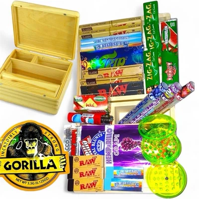 RAW SPORTS Large Wooden Smoking Gift Set Box RAW Elements Juicy Jays Papers Grinder Lighter