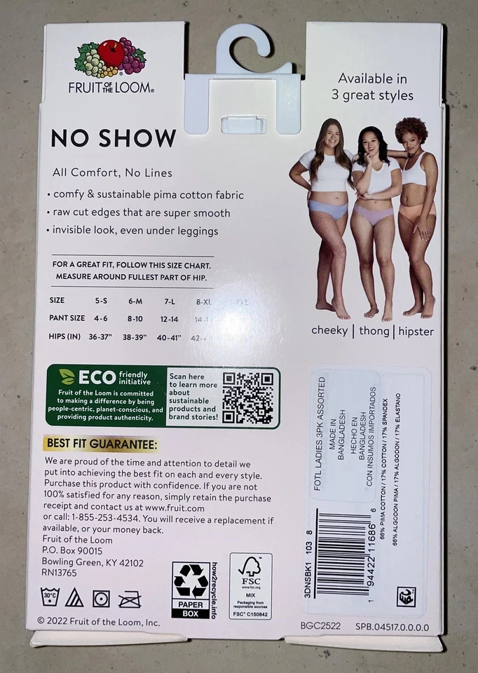 NUEVO EN CAJA Mujer Fruit Of The Loom 3 Pares Tanga Bragas No Show Panty Talla XL 8 Foto 3 de 4